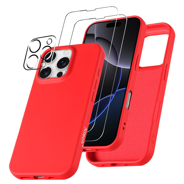 Ntech Hoesje Geschikt voor iPhone 16 Pro – Zacht siliconen liquid backcover met 2x screenprotectors gehard glas en 1x lens protector – Rood