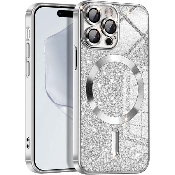 Ntech Hoesje Geschikt Voor iPhone 16 Pro Magsafe hoesje Zliver - Lens beschermer glitter backcover