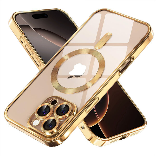 Ntech Hoesje Geschikt voor iPhone 16 Pro Magsafe hoes - Lens beschermer – backcover – Transparant/Goud