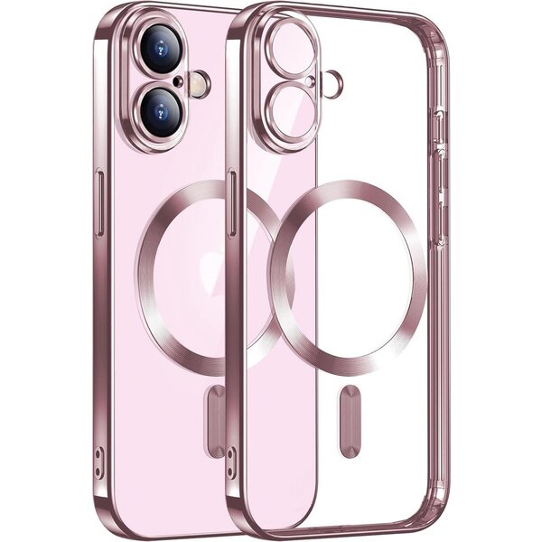 Ntech Hoesje Geschikt voor iPhone 16 Plus Magsafe hoes - Lens beschermer – backcover – Transparant/Rosegoud