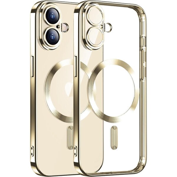 Ntech Hoesje Geschikt voor iPhone 16 Plus Magsafe hoes - Lens beschermer – backcover – Transparant/Goud