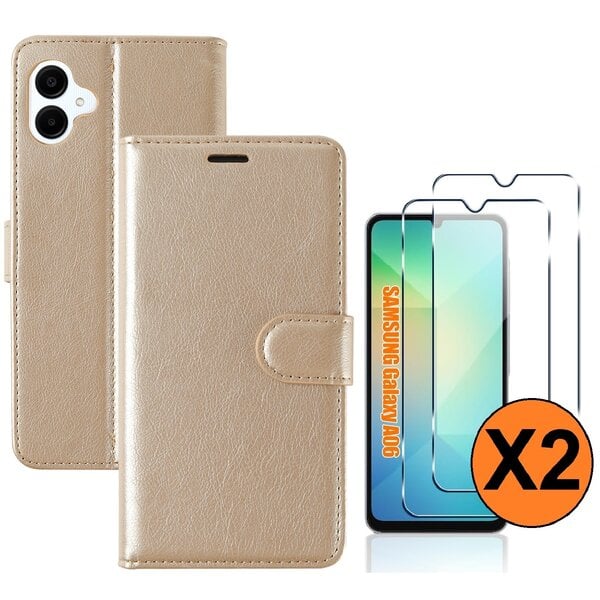 Ntech Hoesje geschikt voor Samsung Galaxy A06 hoesje bookcase Goud - Met screenprotector tempered glass voor Galaxy A06 4G - 2x