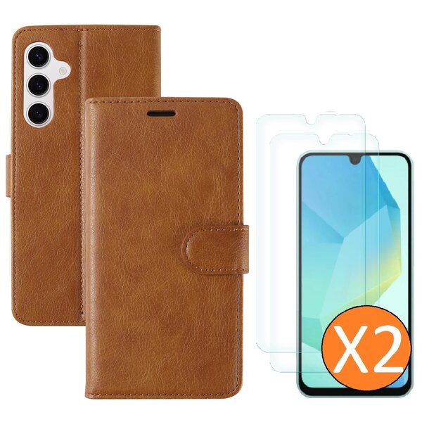 Ntech Hoesje geschikt voor Samsung Galaxy A16 4G / 5G hoesje Bruin pasjeshouder telefoon hoes - Met screenprotector tempered glass voor Galaxy A16 4G / 5G - 2x