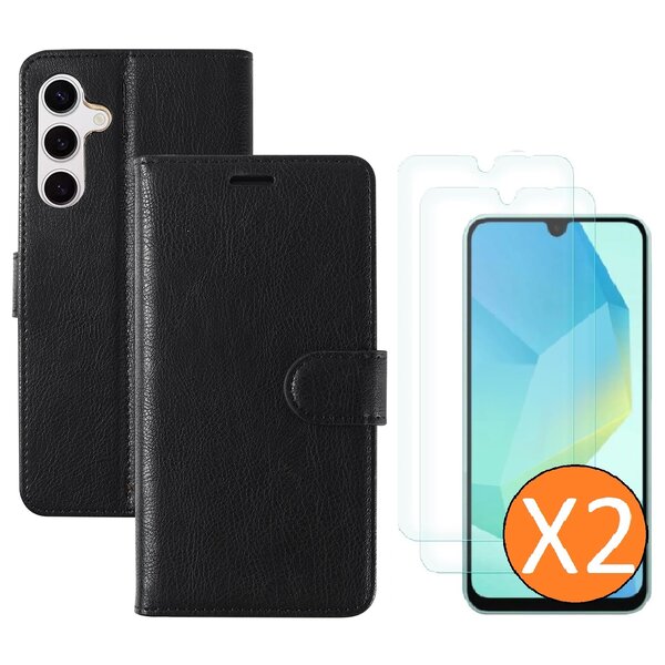 Ntech Hoesje geschikt voor Samsung Galaxy A16 4G / 5G hoesje Zwart pasjeshouder telefoon hoes - Met screenprotector tempered glass voor Galaxy A16 4G / 5G - 2x