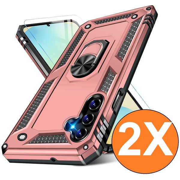 Ntech Hoesje Geschikt voor Samsung Galaxy S24 FE Hoesje Rose Goud Anti-Shock Hybrid Armor hoesje Met Draaibare Ring Houder - Samsung S24 FE Screenprotector 2 pack