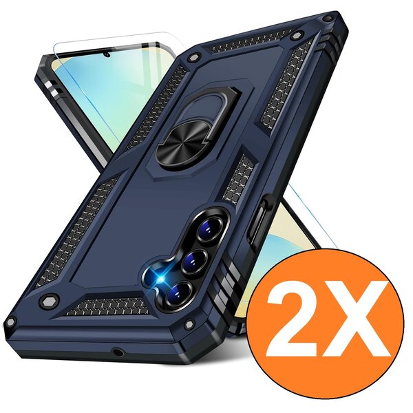 Ntech Hoesje Geschikt voor Samsung Galaxy S24 FE Hoesje Blauw Anti-Shock Hybrid Armor hoesje Met Draaibare Ring Houder - Samsung S24 FE Screenprotector 2 pack