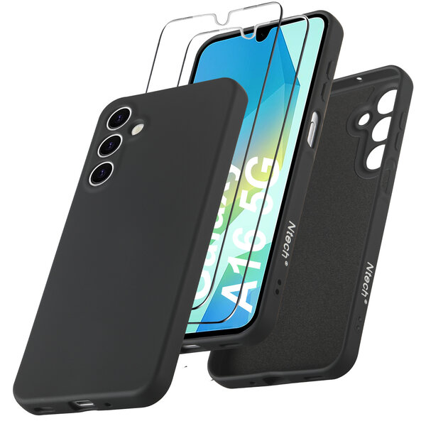 Ntech Hoesje geschikt voor Samsung Galaxy A16 4G / 5G Hoesje siliconen Zwart zacht siliconen hoesje TPU - met Samsung A16 4G / 5G Screenprotector - 2 stuks