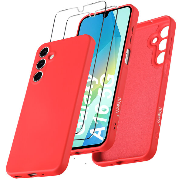 Ntech Hoesje geschikt voor Samsung Galaxy A16 4G / 5G Hoesje siliconen Rood zacht siliconen hoesje TPU - met Samsung A16 4G / 5G Screenprotector - 2 stuks