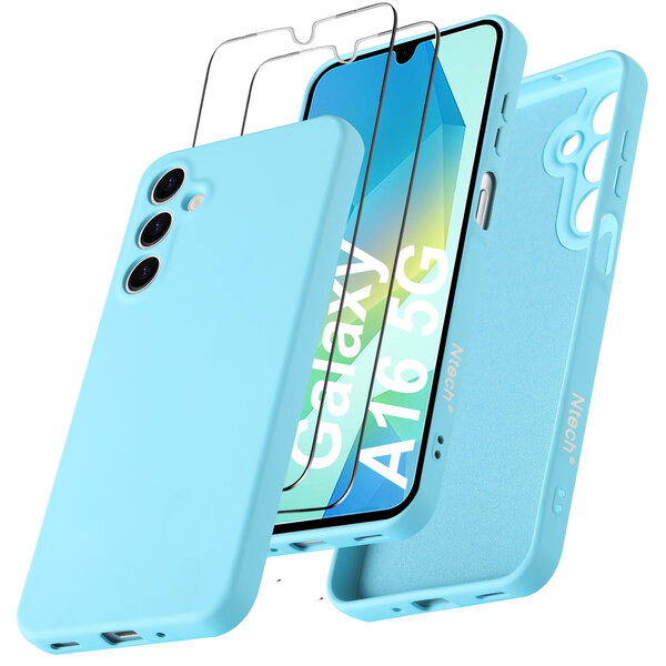Ntech Hoesje geschikt voor Samsung Galaxy A16 4G / 5G Hoesje siliconen Licht Blauw zacht siliconen hoesje TPU - met Samsung A16 4G / 5G Screenprotector - 2 stuks