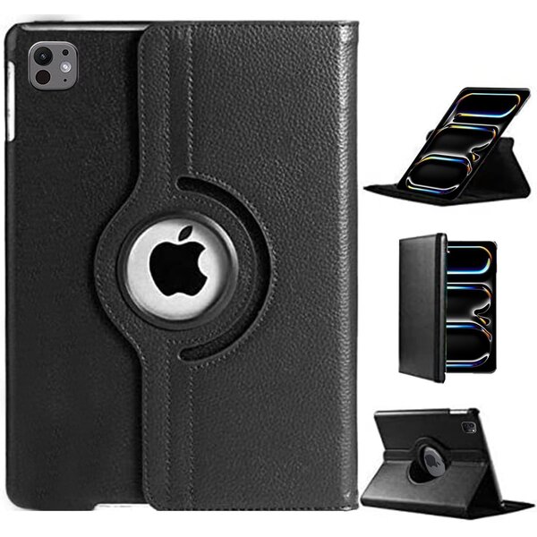 Ntech Hoes geschikt voor iPad Pro 11 inch M5 2025/M4 2024 hoes Zwart - iPad pro 2025 hoes M5 hoes 360° draaibare Bookcase
