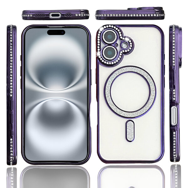 Ntech Hoesje Geschikt voor iPhone 16 Magsafe hoes Lens beschermer Paars – Luxe bling sprankelende diamant backcover