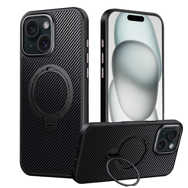 Ntech Hoesje geschikt voor iPhone 15 Magsafe hoesje met Carbon uitvoering - 360° Draaibare Magnetische Standaard - Back Cover Kickstand Ring – Zwart