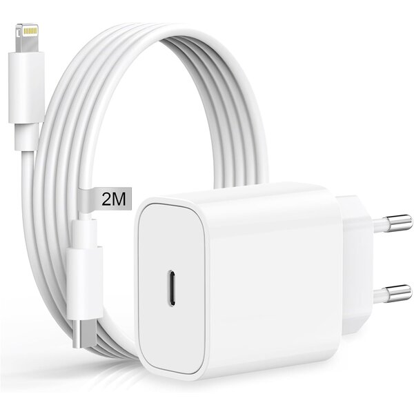 Ntech 20W USB C Adapter / Oplader Met 2M lightning naar usb C kabel Geschikt voor iPhone 14/ 14 Pro/ 14 Max/ 13/ 13 Pro/ 13 Pro Max/ 12/ 11/ Xr/ Xs Max/ 8/ 8 Plus/ Pro - Oplader / Snellader geschikt voor Apple iPhone