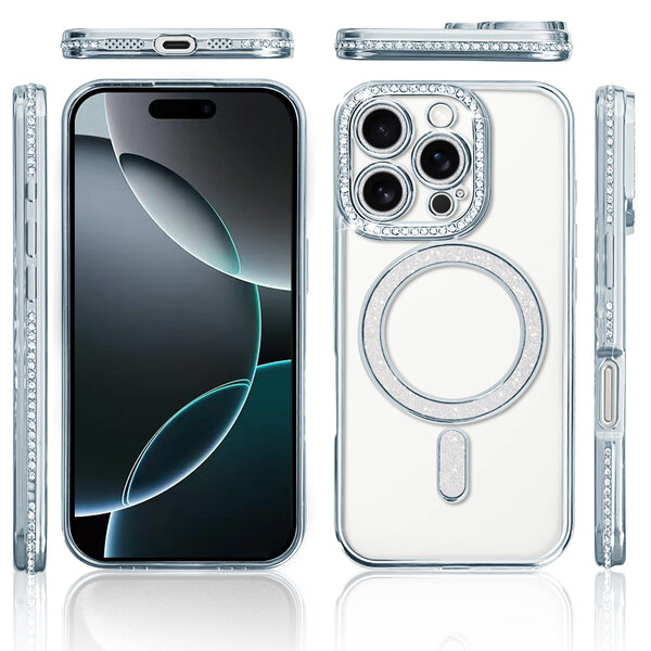 Ntech Hoesje Geschikt voor iPhone 16 Pro Max Magsafe hoes Lens beschermer Zliver – Luxe bling sprankelende diamant backcover