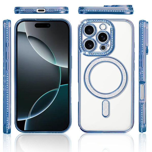 Ntech Hoesje Geschikt voor iPhone 16 Pro Magsafe hoes Lens beschermer Blauw – Luxe bling sprankelende diamant backcover
