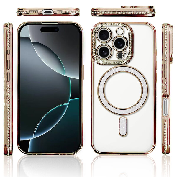 Ntech Hoesje Geschikt voor iPhone 16 Pro Magsafe hoes Lens beschermer Goud – Luxe bling sprankelende diamant backcover