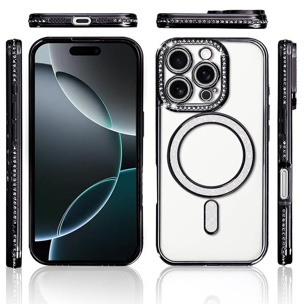 Ntech Hoesje Geschikt voor iPhone 16 Pro Magsafe hoes Lens beschermer Zwart – Luxe bling sprankelende diamant backcover