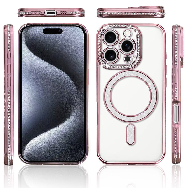 Ntech Hoesje Geschikt voor iPhone 15 Pro Max Magsafe hoes Lens beschermer Rose Goud – Luxe bling sprankelende diamant backcover