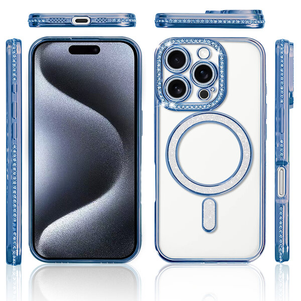 Ntech Hoesje Geschikt voor iPhone 15 Pro Max Magsafe hoes Lens beschermer Blauw – Luxe bling sprankelende diamant backcover