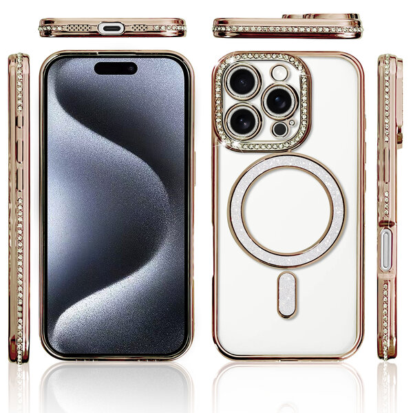 Ntech Hoesje Geschikt voor iPhone 15 Pro Magsafe hoes Lens beschermer Goud – Luxe bling sprankelende diamant backcover