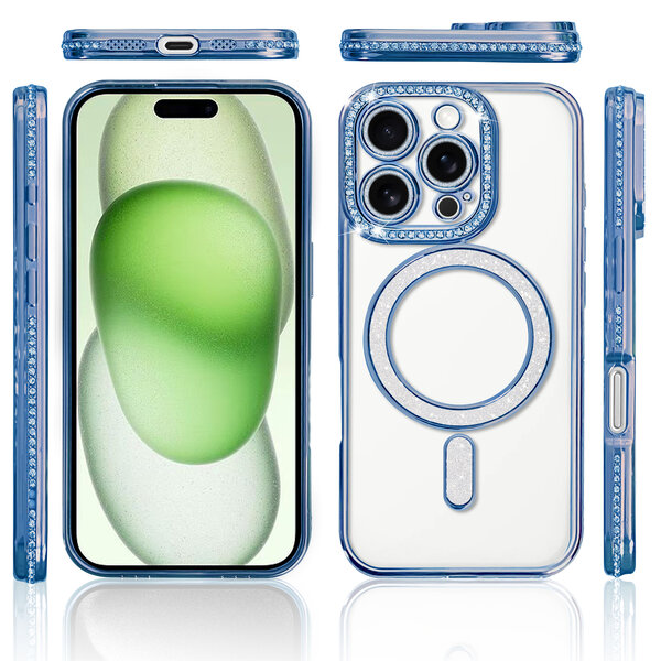 Ntech Hoesje Geschikt voor iPhone 15 Plus Magsafe hoes Lens beschermer Blauw – Luxe bling sprankelende diamant backcover