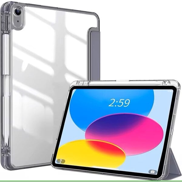 Ntech Hoes geschikt voor iPad 11 (2025) A16 11th Generation hoes Grijs - iPad 2022 10,9" 10e Generatie Smart Case met Harde Doorzichtige Achterkant en Pencil Slot