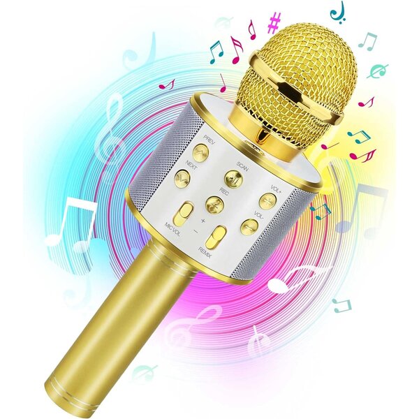 Ntech Karaoke Microfoon met Bluetooth en Echo Effect Goud - Karaoke Set voor Volwassenen  Speaker en Lichteffecten - Stemvervormer