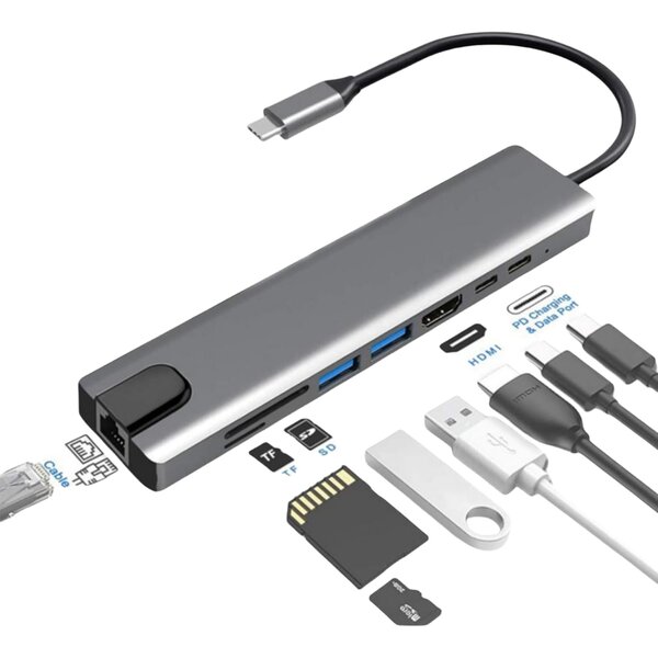 Ntech usb c hub - 8-in-1 USB-C Hub - Docking Station - USB Splitter - 4K HDMI - USB A - USB C - Ethernet - Micro SD - Geschikt voor  Apple / Laptop / Macbook / Windows / Chromebook / HP / Asus / Lenovo - Ethernet - Interhub