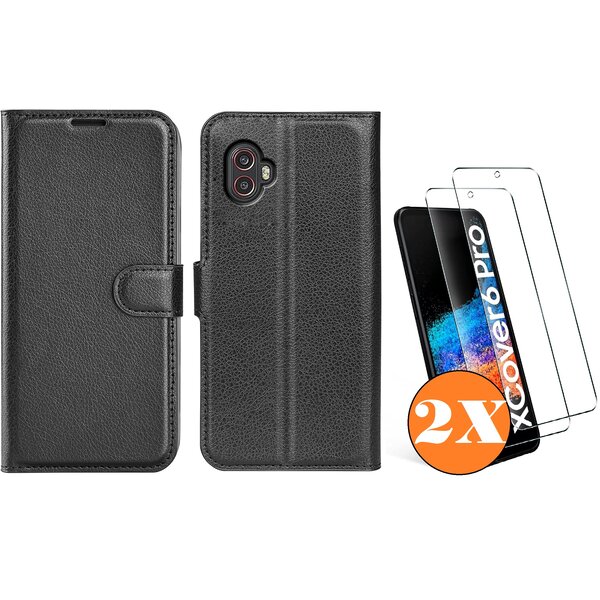 Ntech Hoesje geschikt voor Samsung Galaxy Xcover 6 Pro hoesje Zwart pasjeshouder telefoon hoes - Met screenprotector tempered glass voor Galaxy Xcover 6 Pro - 2x