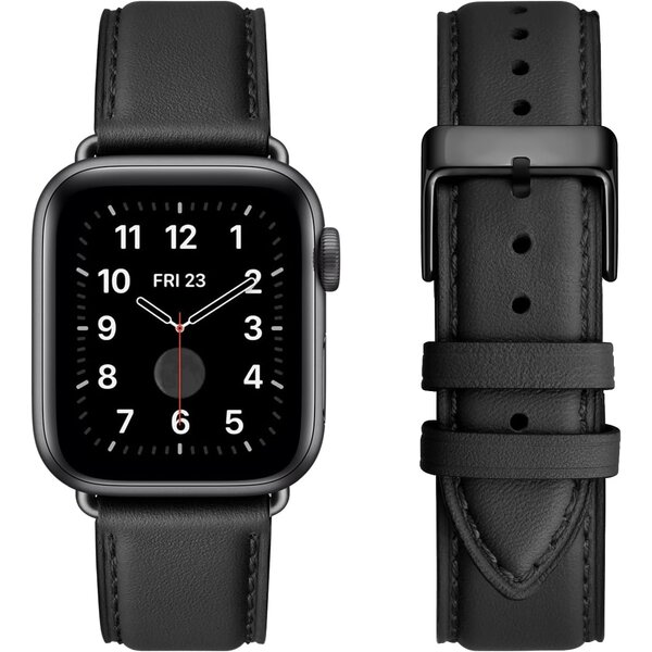 Ntech Ntech Leer Bandje Zwart Geschikt voor Apple Watch Bandje Series 1/2/3/4/5/6/7/8/9/SE/SE 2 met case size 38 mm / 40 mm / 41 mm en Watch 10 (42 mm)