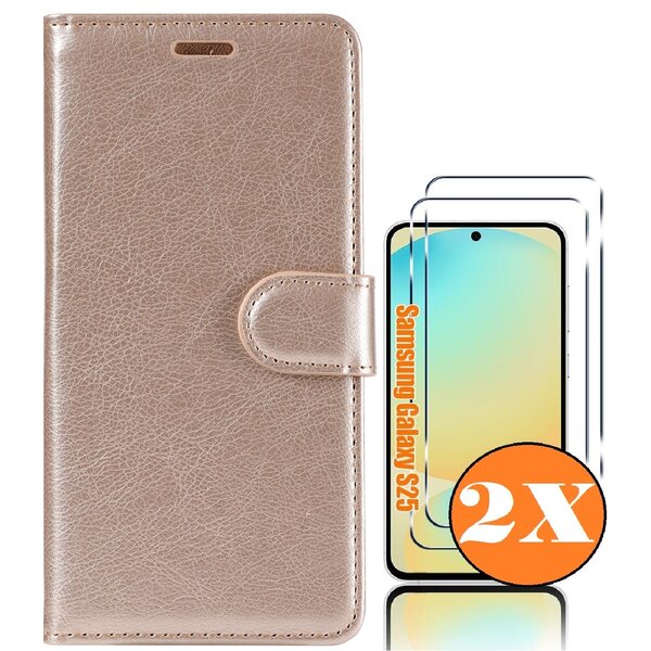 Ntech Hoesje geschikt voor Samsung Galaxy S25 bookcase Goud - Met screenprotector tempered glass Galaxy S25 - 2x