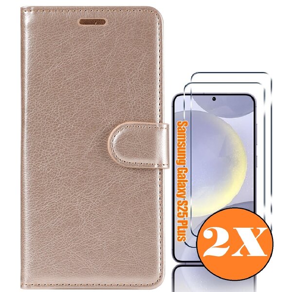 Ntech Hoesje geschikt voor Samsung Galaxy S25 Plus bookcase Goud - Met screenprotector tempered glass Galaxy S25 Plus - 2x