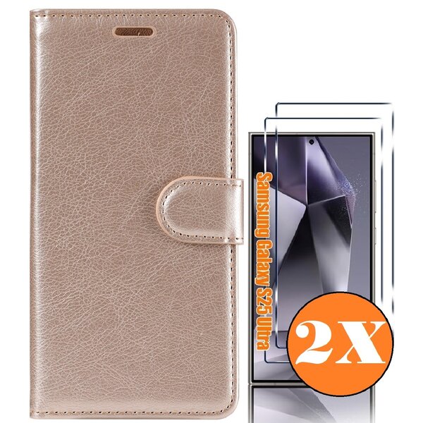 Ntech Hoesje geschikt voor Samsung Galaxy S25 Ultra bookcase Goud - Met screenprotector tempered glass Galaxy S25 Ultra - 2x