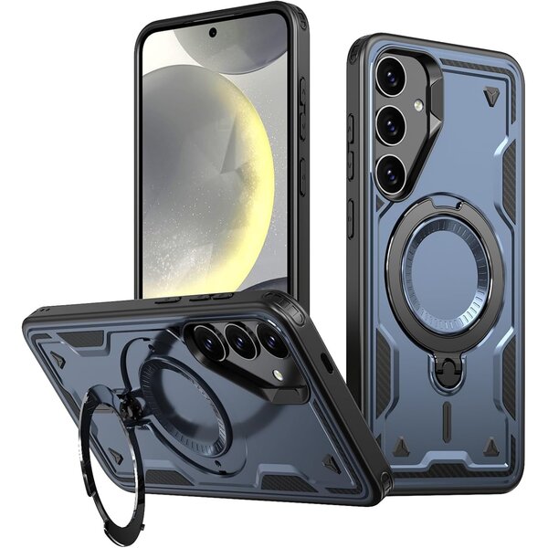 Ntech Magsafe Hoesje Geschikt voor Samsung Galaxy S25 Plus Hoesje Navy - Armor Hoesje met Met Draaibare Ring Houder