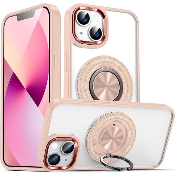 Ntech Magsafe Hoesje Geschikt voor iPhone 14 hoesje Transparant Rose Goud - Met Ring houder iPhone 14 Telefoonstandaard