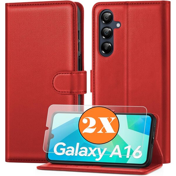 Ntech Hoesje geschikt voor Samsung Galaxy A16 4G / 5G hoesje Rood pasjeshouder telefoon hoes - Met screenprotector tempered glass voor Galaxy A16 4G / 5G - 2x