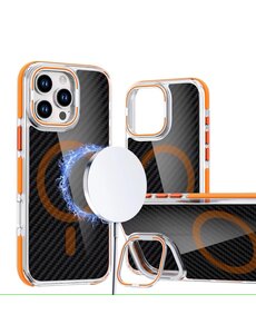 Ntech Magsafe Hoesje Geschikt voor iPhone 15 Pro hoesje Heavy Duty Carbon Case Oranje