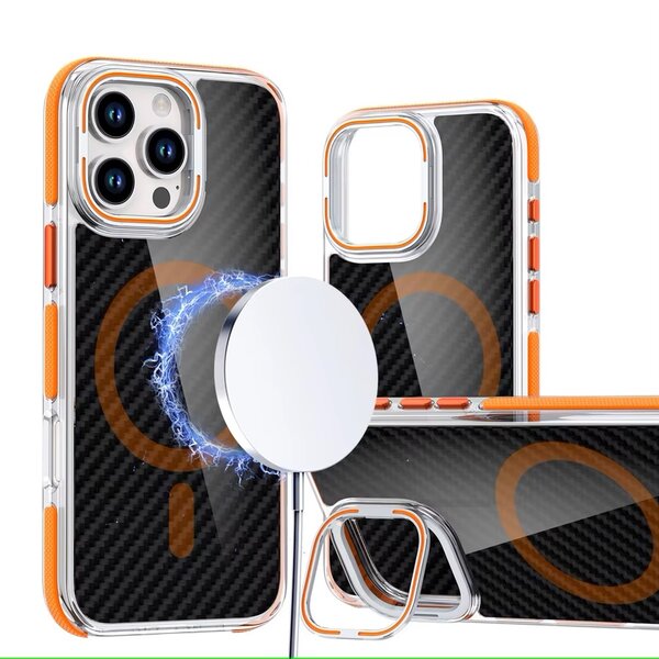 Ntech Magsafe Hoesje Geschikt voor iPhone 15 Pro hoesje Heavy Duty Carbon Case Oranje met Versterkte Zijkanten, MagSafe en Camera Kickstand