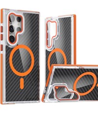 Ntech Magsafe Hoesje Geschikt voor Samsung S25 Ultra hoesje Oranje Heavy Duty Carbon Case