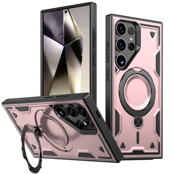 Ntech Magsafe Hoesje Geschikt voor Samsung Galaxy S24 Ultra Hoesje Rose Goud - Armor Hoesje met Met Draaibare Ring Houder