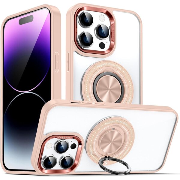 Ntech Magsafe Hoesje Geschikt voor iPhone 14 Pro Max hoesje Transparant Rose Goud - Met Ring houder iPhone 14 Pro Max Telefoonstandaard