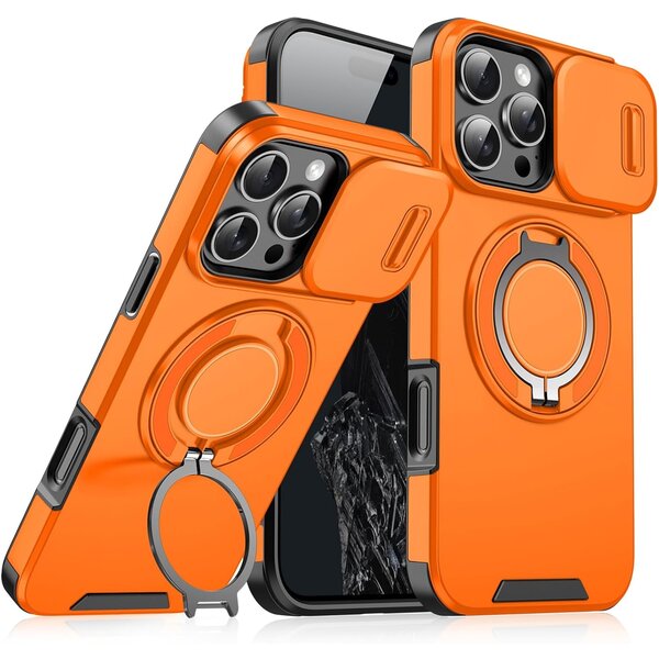 Ntech Hoesje Geschikt voor iPhone 16 Pro hoesje Oranje backcover met Met Draaibare Ring Houder en camera bescherming