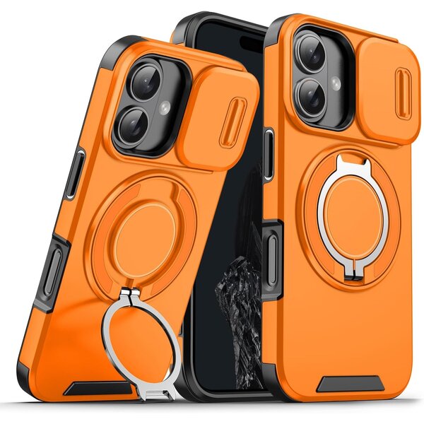 Ntech Hoesje Geschikt voor iPhone 16 Plus hoesje Oranje backcover met Met Draaibare Ring Houder en camera bescherming