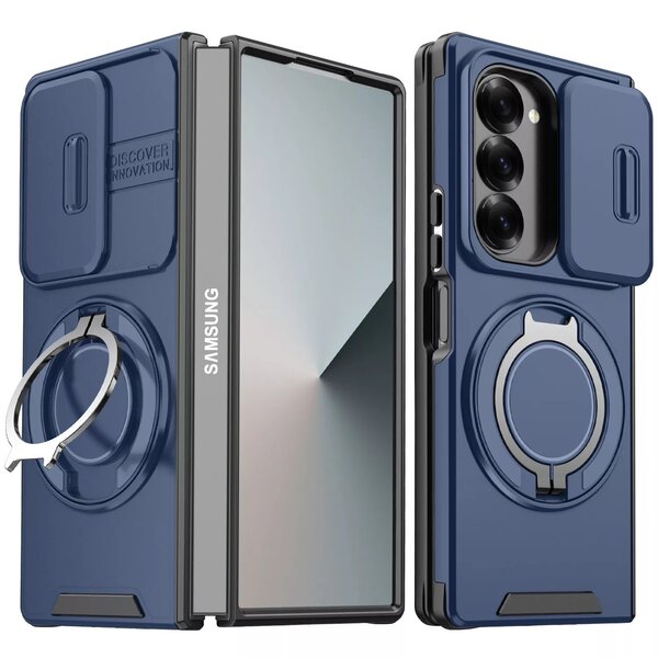 Ntech Hoesje Geschikt voor Samsung Galaxy Z Fold 6 hoesje Blauw backcover met Met Draaibare Ring Houder en camera bescherming