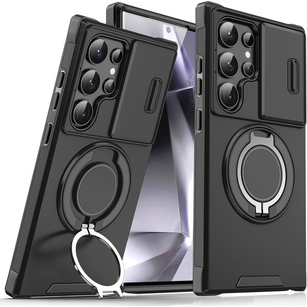 Ntech Hoesje Geschikt voor Samsung Galaxy S24 Ultra hoesje Zwart backcover met Met Draaibare Ring Houder en camera bescherming