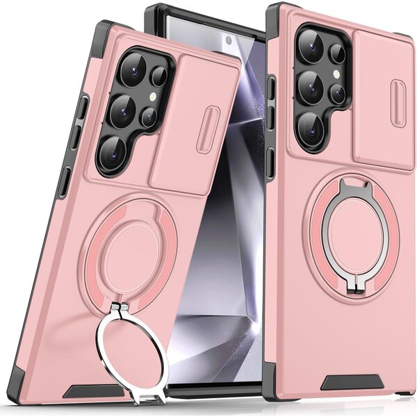 Ntech Hoesje Geschikt voor Samsung Galaxy S24 Ultra hoesje Rose Goud backcover met Met Draaibare Ring Houder en camera bescherming