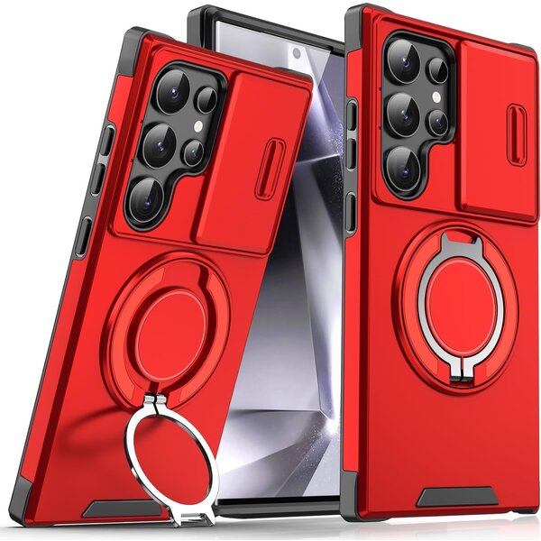 Ntech Hoesje Geschikt voor Samsung Galaxy S24 Ultra hoesje Rood backcover met Met Draaibare Ring Houder en camera bescherming