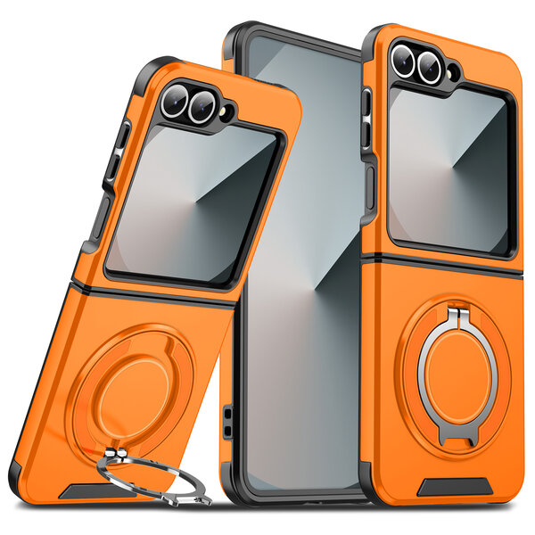 Ntech Hoesje Geschikt voor Samsung Galaxy Z Flip 7 FE - Flip 6  hoesje Oranje backcover met Met Draaibare Ring Houder en camera bescherming