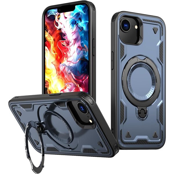 Ntech Magsafe Hoesje Geschikt voor iPhone 16e / iPhone 17e Hoesje Blauw - Armor Hoesje met Met Draaibare Ring Houder