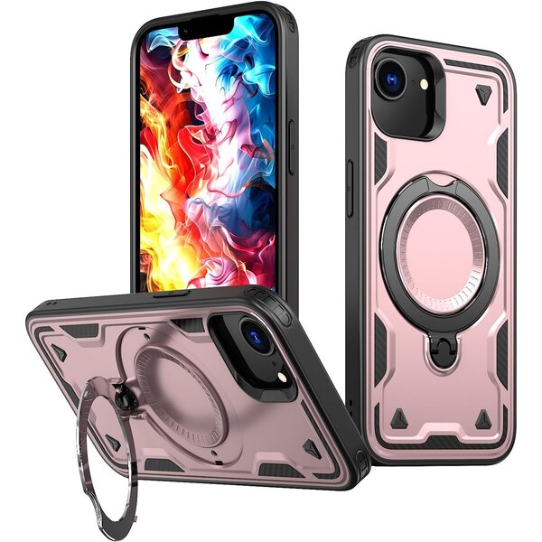 Ntech Magsafe Hoesje Geschikt voor iPhone 16e / iPhone 17e Hoesje Rose Goud - Armor Hoesje met Met Draaibare Ring Houder